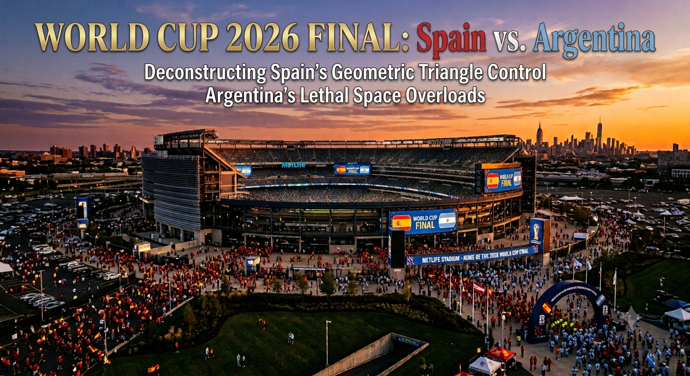 An aerial wide shot of MetLife Stadium during sunset, crowded with fans in red and light blue colors for the FIFA World Cup 2026 Final between Spain and Argentina, featuring the New York City skyline in the background and text overlay reading 'WORLD CUP 2026 FINAL: Spain vs. Argentina'.